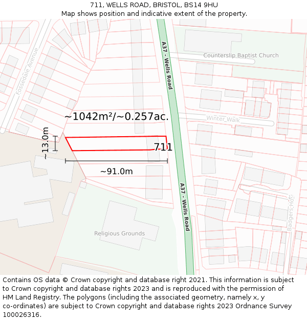 711, WELLS ROAD, BRISTOL, BS14 9HU: Plot and title map