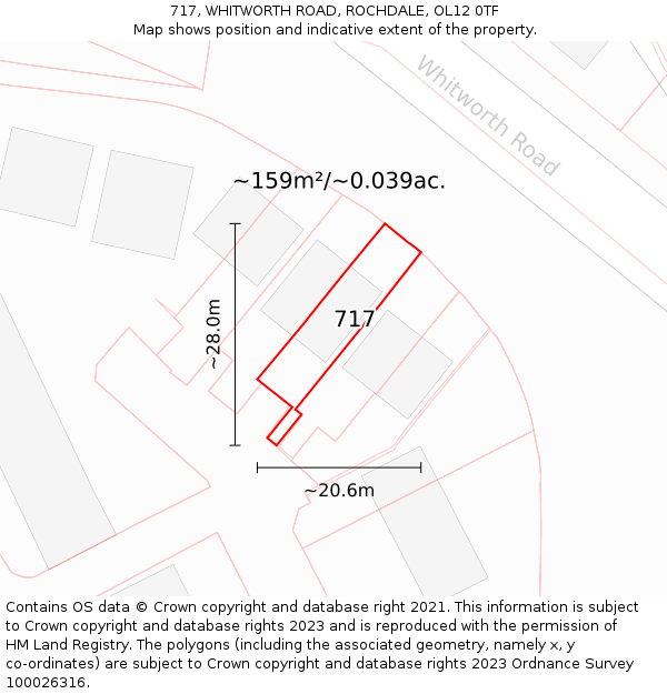 717, WHITWORTH ROAD, ROCHDALE, OL12 0TF: Plot and title map