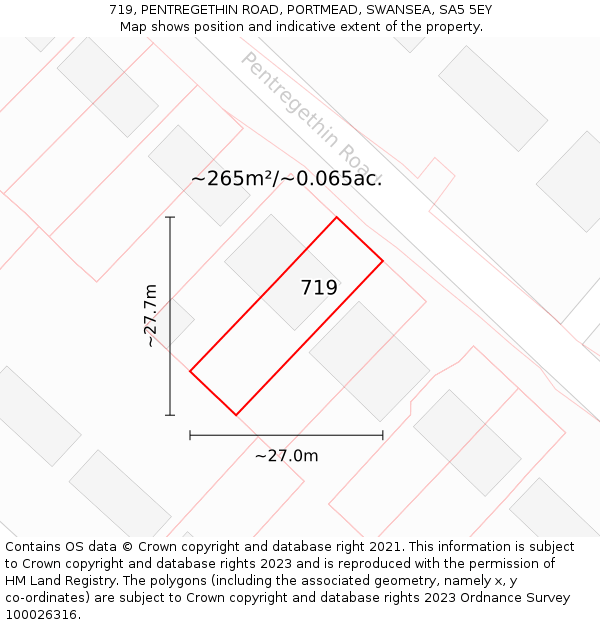 719, PENTREGETHIN ROAD, PORTMEAD, SWANSEA, SA5 5EY: Plot and title map