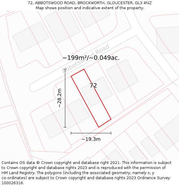 72, ABBOTSWOOD ROAD, BROCKWORTH, GLOUCESTER, GL3 4NZ: Plot and title map