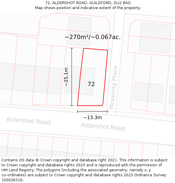 72, ALDERSHOT ROAD, GUILDFORD, GU2 8AG: Plot and title map