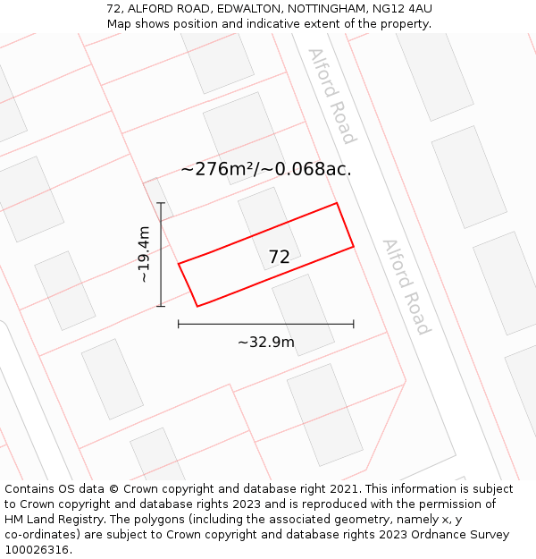 72, ALFORD ROAD, EDWALTON, NOTTINGHAM, NG12 4AU: Plot and title map