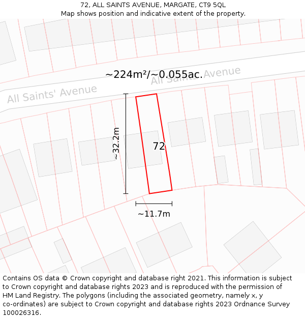 72, ALL SAINTS AVENUE, MARGATE, CT9 5QL: Plot and title map