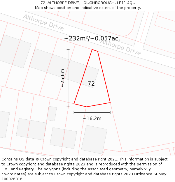 72, ALTHORPE DRIVE, LOUGHBOROUGH, LE11 4QU: Plot and title map