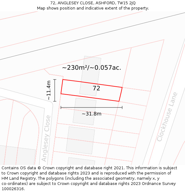 72, ANGLESEY CLOSE, ASHFORD, TW15 2JQ: Plot and title map