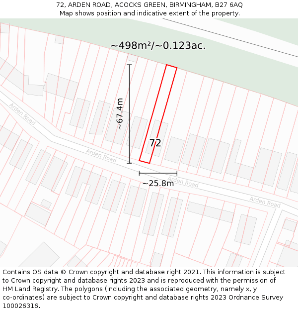 72, ARDEN ROAD, ACOCKS GREEN, BIRMINGHAM, B27 6AQ: Plot and title map