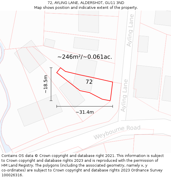 72, AYLING LANE, ALDERSHOT, GU11 3ND: Plot and title map