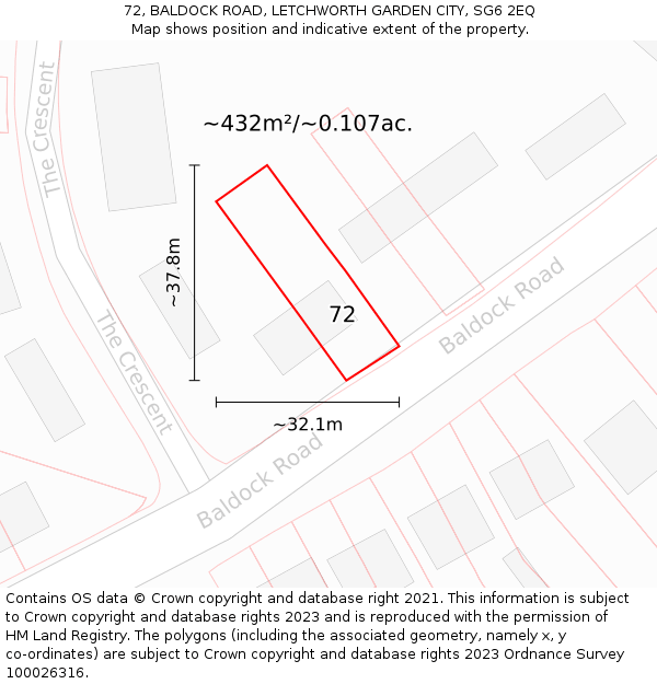 72, BALDOCK ROAD, LETCHWORTH GARDEN CITY, SG6 2EQ: Plot and title map