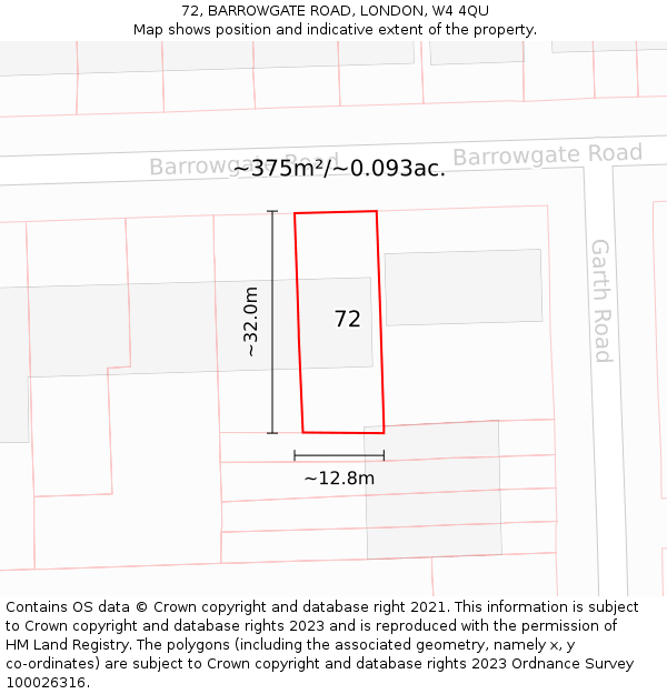 72, BARROWGATE ROAD, LONDON, W4 4QU: Plot and title map