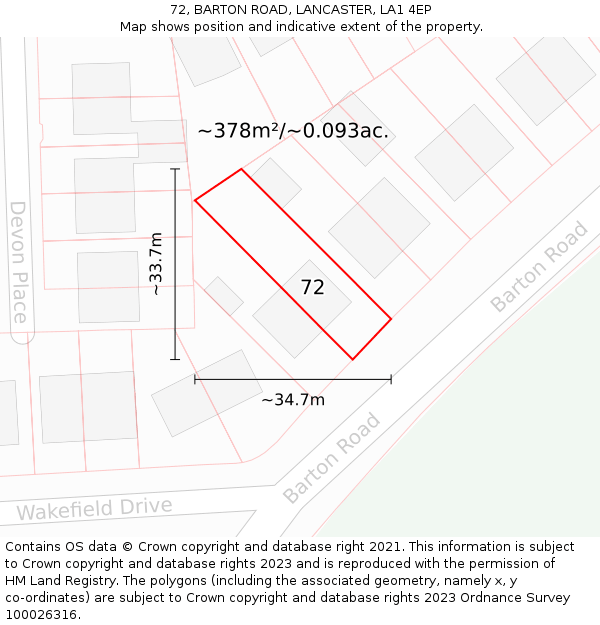 72, BARTON ROAD, LANCASTER, LA1 4EP: Plot and title map