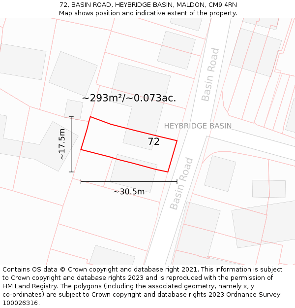 72, BASIN ROAD, HEYBRIDGE BASIN, MALDON, CM9 4RN: Plot and title map