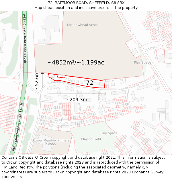 72, BATEMOOR ROAD, SHEFFIELD, S8 8BX: Plot and title map