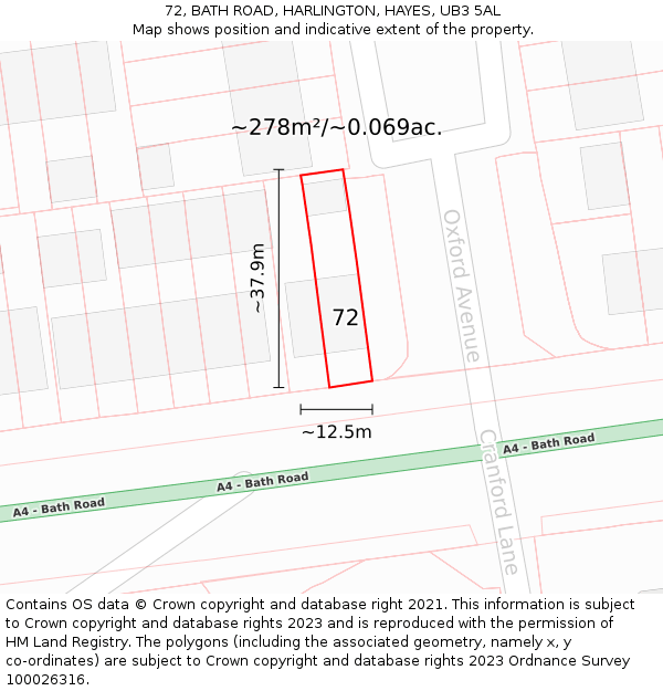 72, BATH ROAD, HARLINGTON, HAYES, UB3 5AL: Plot and title map