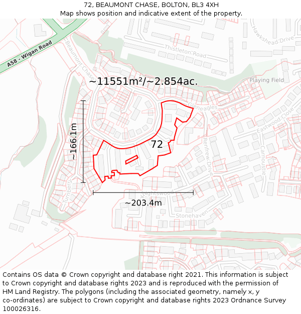 72, BEAUMONT CHASE, BOLTON, BL3 4XH: Plot and title map