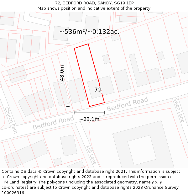 72, BEDFORD ROAD, SANDY, SG19 1EP: Plot and title map