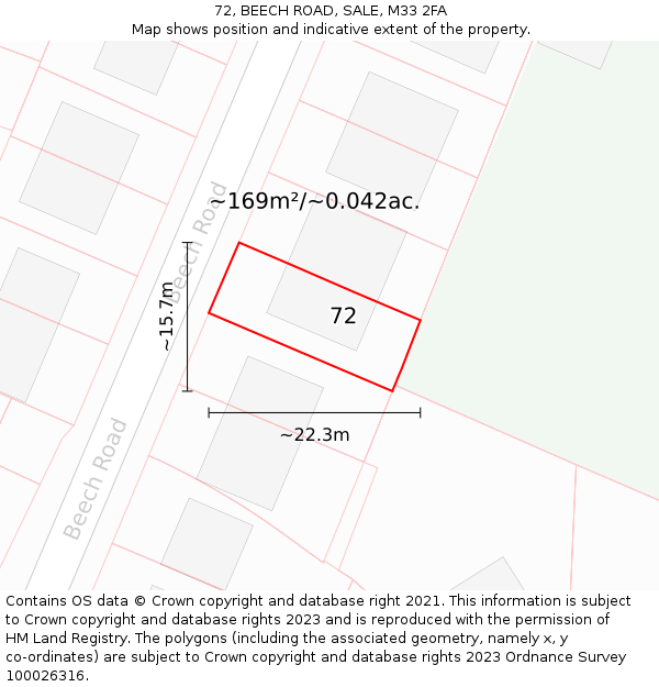 72, BEECH ROAD, SALE, M33 2FA: Plot and title map