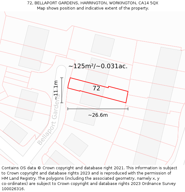 72, BELLAPORT GARDENS, HARRINGTON, WORKINGTON, CA14 5QX: Plot and title map