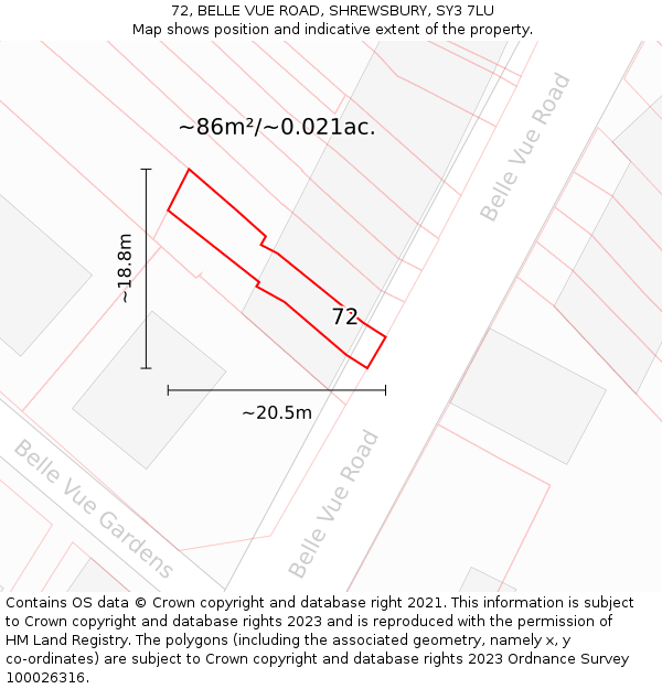 72, BELLE VUE ROAD, SHREWSBURY, SY3 7LU: Plot and title map