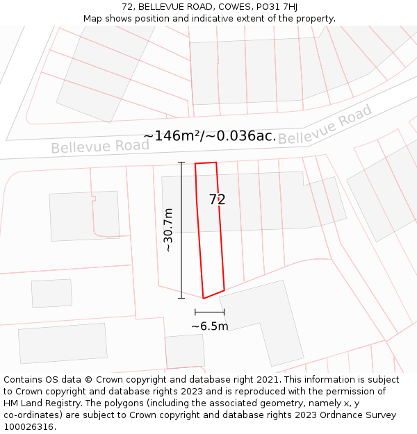 72, BELLEVUE ROAD, COWES, PO31 7HJ: Plot and title map