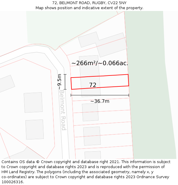 72, BELMONT ROAD, RUGBY, CV22 5NY: Plot and title map