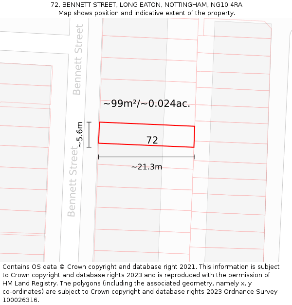 72, BENNETT STREET, LONG EATON, NOTTINGHAM, NG10 4RA: Plot and title map