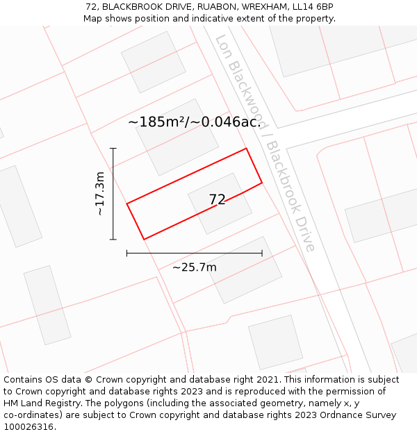 72, BLACKBROOK DRIVE, RUABON, WREXHAM, LL14 6BP: Plot and title map