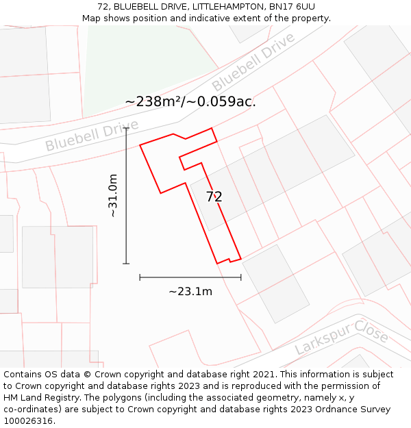 72, BLUEBELL DRIVE, LITTLEHAMPTON, BN17 6UU: Plot and title map