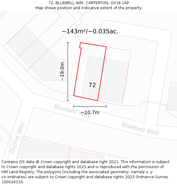 72, BLUEBELL WAY, CARTERTON, OX18 1AP: Plot and title map