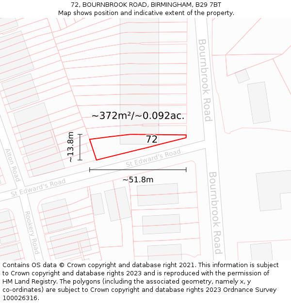 72, BOURNBROOK ROAD, BIRMINGHAM, B29 7BT: Plot and title map