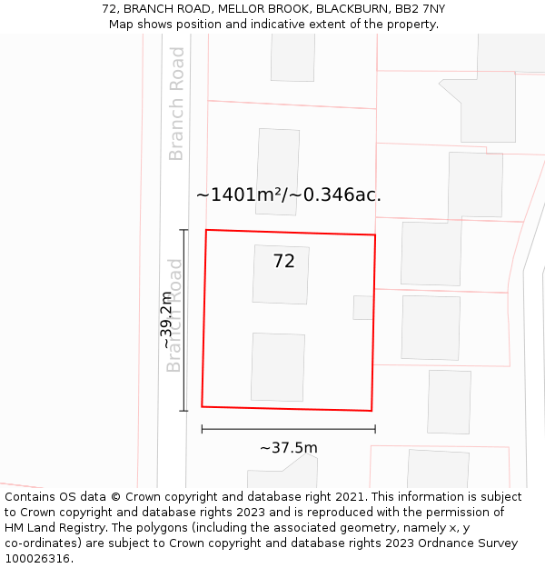 72, BRANCH ROAD, MELLOR BROOK, BLACKBURN, BB2 7NY: Plot and title map