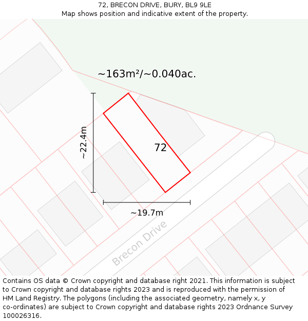 72, BRECON DRIVE, BURY, BL9 9LE: Plot and title map