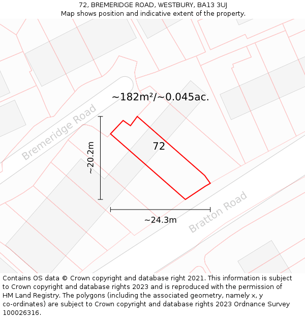 72, BREMERIDGE ROAD, WESTBURY, BA13 3UJ: Plot and title map