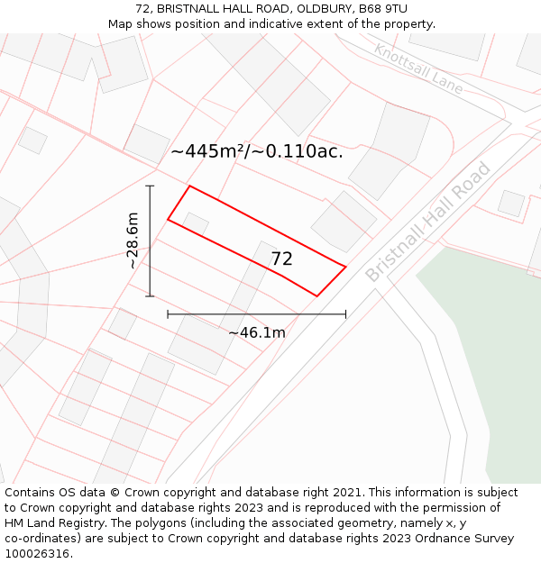 72, BRISTNALL HALL ROAD, OLDBURY, B68 9TU: Plot and title map