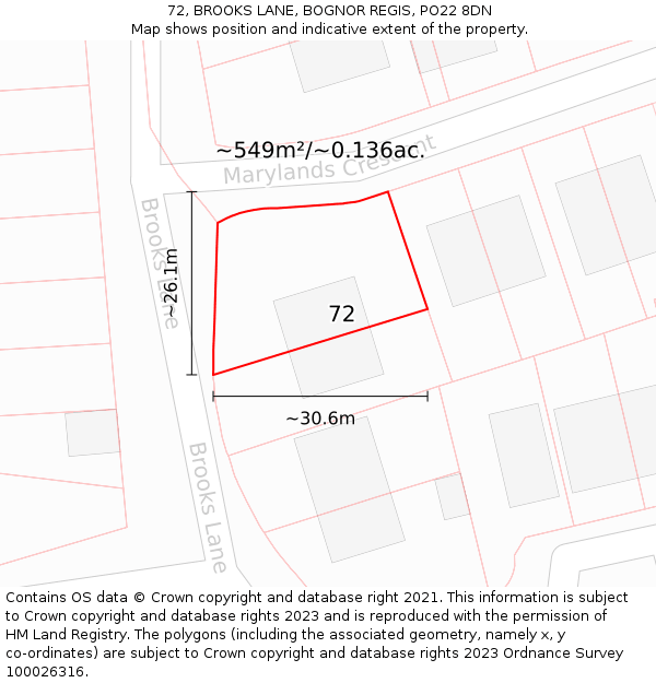 72, BROOKS LANE, BOGNOR REGIS, PO22 8DN: Plot and title map