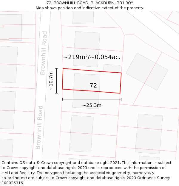 72, BROWNHILL ROAD, BLACKBURN, BB1 9QY: Plot and title map