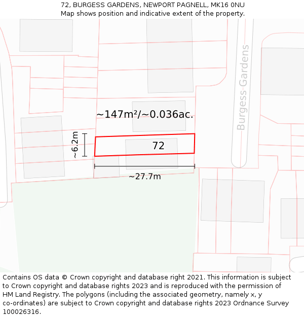 72, BURGESS GARDENS, NEWPORT PAGNELL, MK16 0NU: Plot and title map