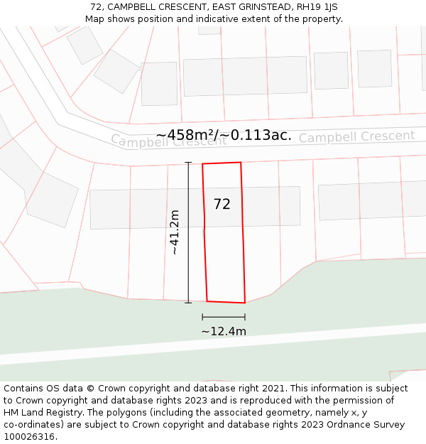 72, CAMPBELL CRESCENT, EAST GRINSTEAD, RH19 1JS: Plot and title map