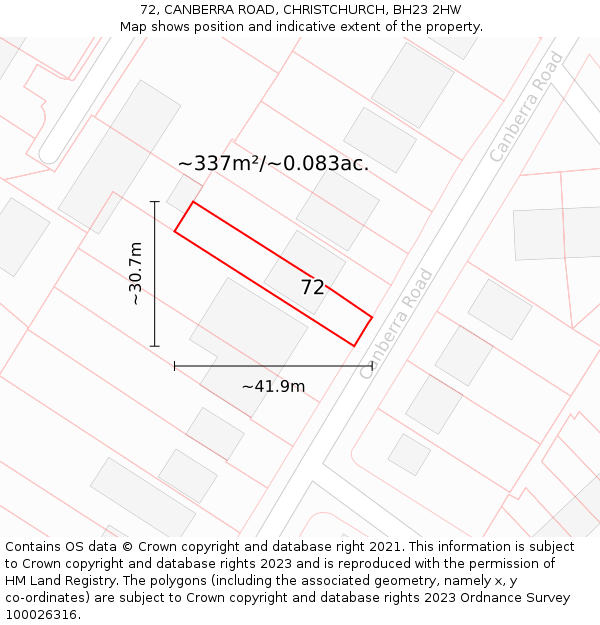 72, CANBERRA ROAD, CHRISTCHURCH, BH23 2HW: Plot and title map