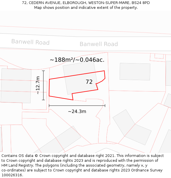 72, CEDERN AVENUE, ELBOROUGH, WESTON-SUPER-MARE, BS24 8PD: Plot and title map