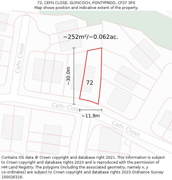 72, CEFN CLOSE, GLYNCOCH, PONTYPRIDD, CF37 3PS: Plot and title map