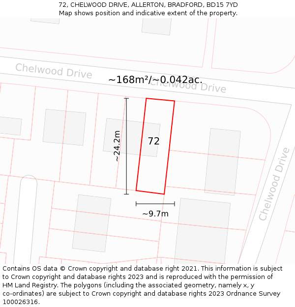 72, CHELWOOD DRIVE, ALLERTON, BRADFORD, BD15 7YD: Plot and title map