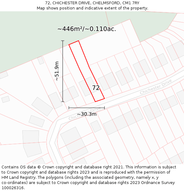 72, CHICHESTER DRIVE, CHELMSFORD, CM1 7RY: Plot and title map