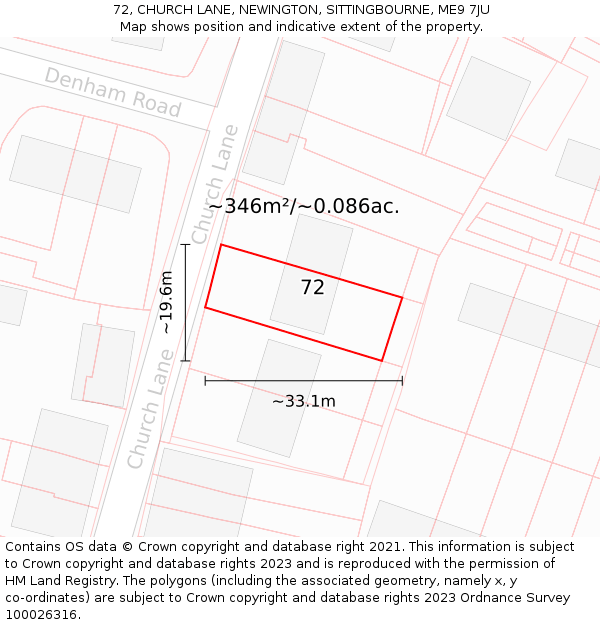 72, CHURCH LANE, NEWINGTON, SITTINGBOURNE, ME9 7JU: Plot and title map