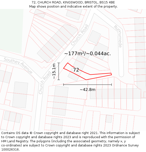 72, CHURCH ROAD, KINGSWOOD, BRISTOL, BS15 4BE: Plot and title map