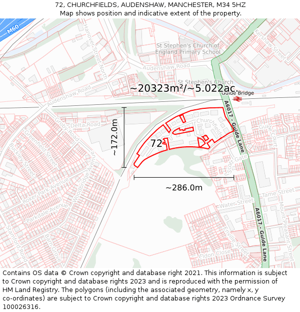 72, CHURCHFIELDS, AUDENSHAW, MANCHESTER, M34 5HZ: Plot and title map