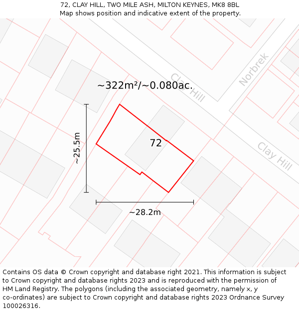 72, CLAY HILL, TWO MILE ASH, MILTON KEYNES, MK8 8BL: Plot and title map