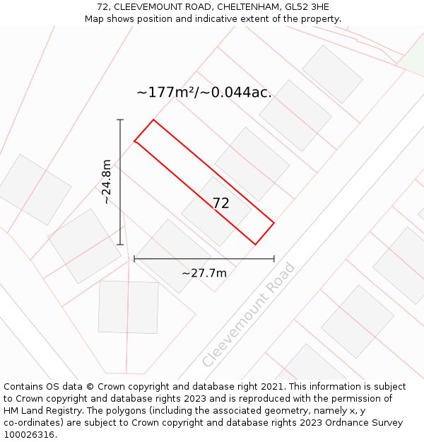 72, CLEEVEMOUNT ROAD, CHELTENHAM, GL52 3HE: Plot and title map