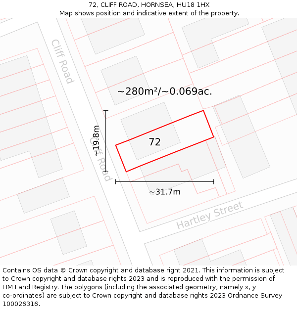 72, CLIFF ROAD, HORNSEA, HU18 1HX: Plot and title map