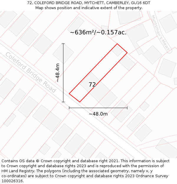 72, COLEFORD BRIDGE ROAD, MYTCHETT, CAMBERLEY, GU16 6DT: Plot and title map