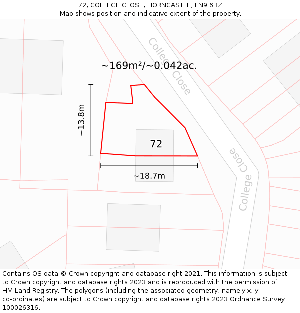 72, COLLEGE CLOSE, HORNCASTLE, LN9 6BZ: Plot and title map